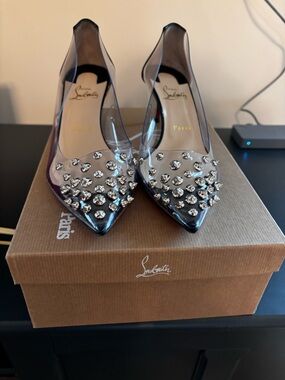 Christian Louboutin Clear PVC Pointed Toe Jeweled Flats - Black